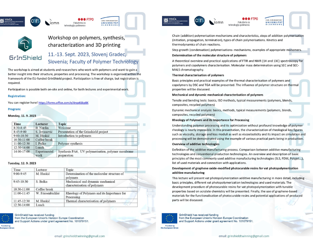 CALL for the Workshop on polymers, synthesis, characterization and 3D printing